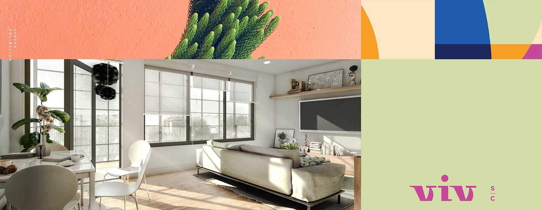 edited image showing a living room, tropical clip-art and modern colored shapes